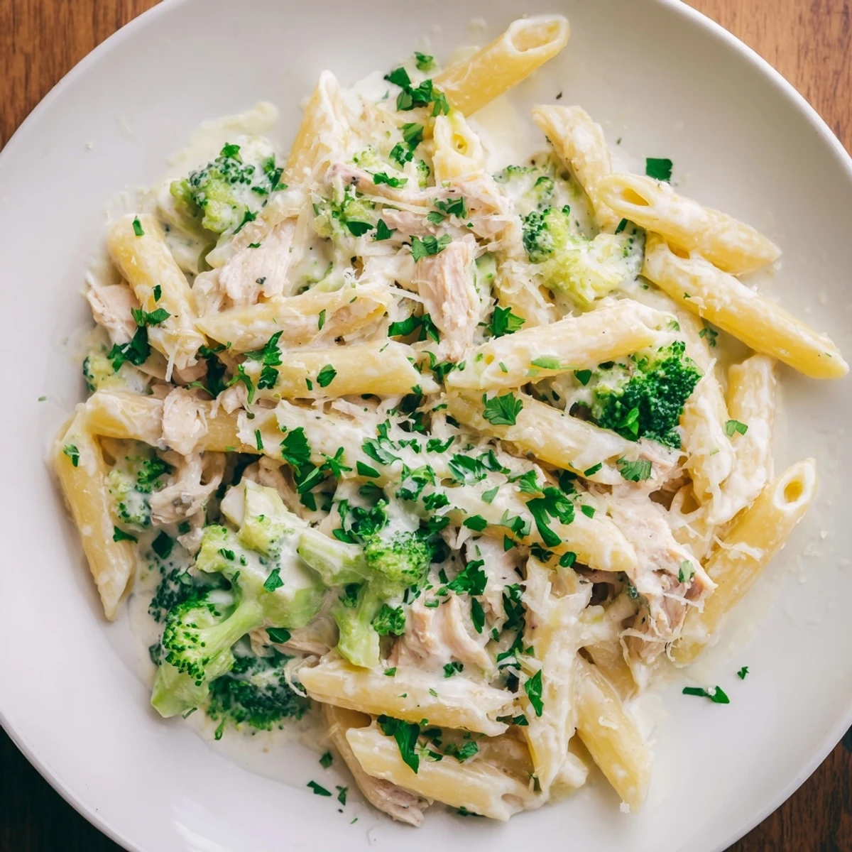 Steaming rotisserie chicken broccoli pasta garnished with parsley and extra parmesan on a rustic table