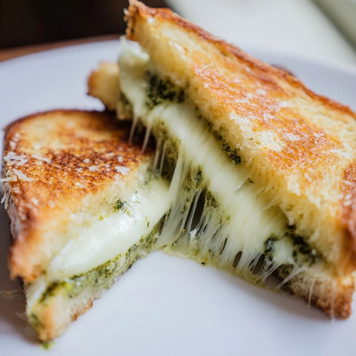 Gooey basil pesto grilled cheese oozing melted cheese between crispy buttered sourdough slices