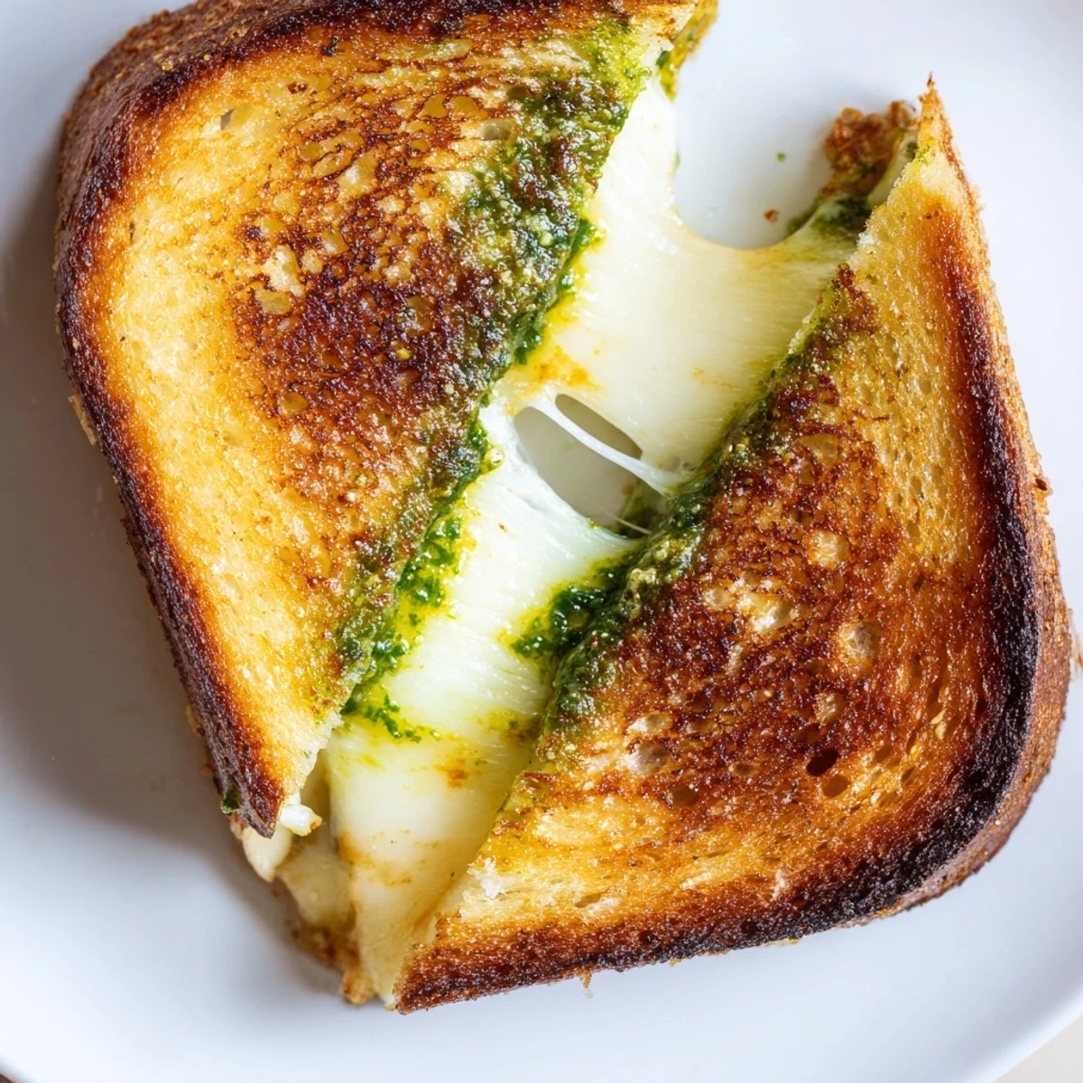 Golden brown pesto grilled cheese sandwich with melted mozzarella and sourdough bread, cut diagonally on a wooden board