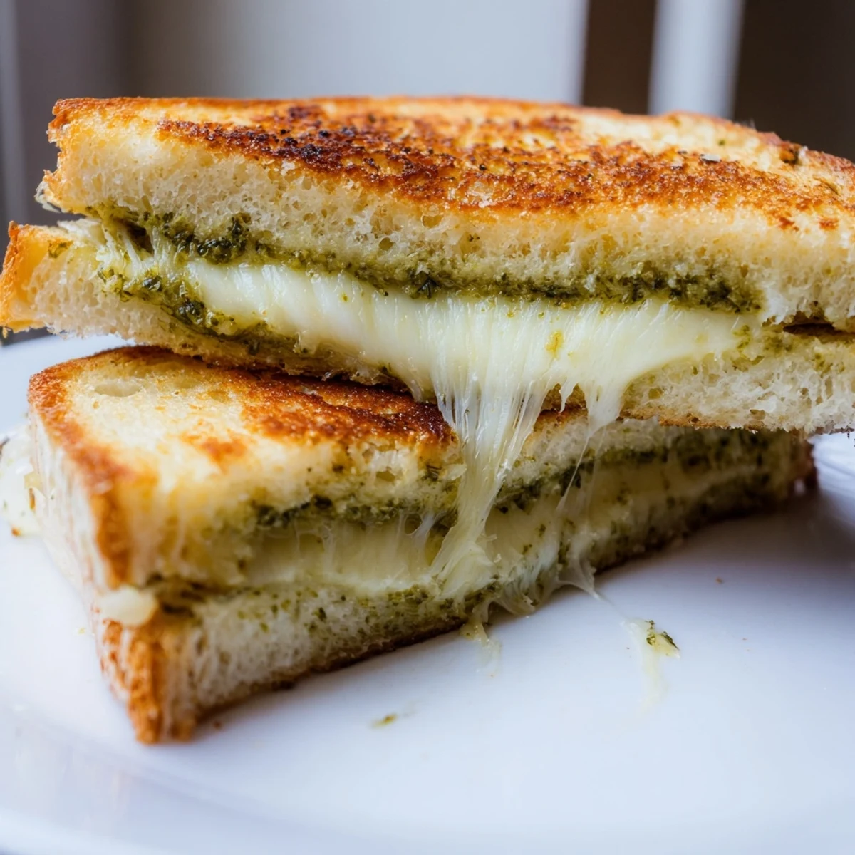 Savory pesto grilled cheese sandwich featuring vibrant green pesto and mozzarella on toasted bread