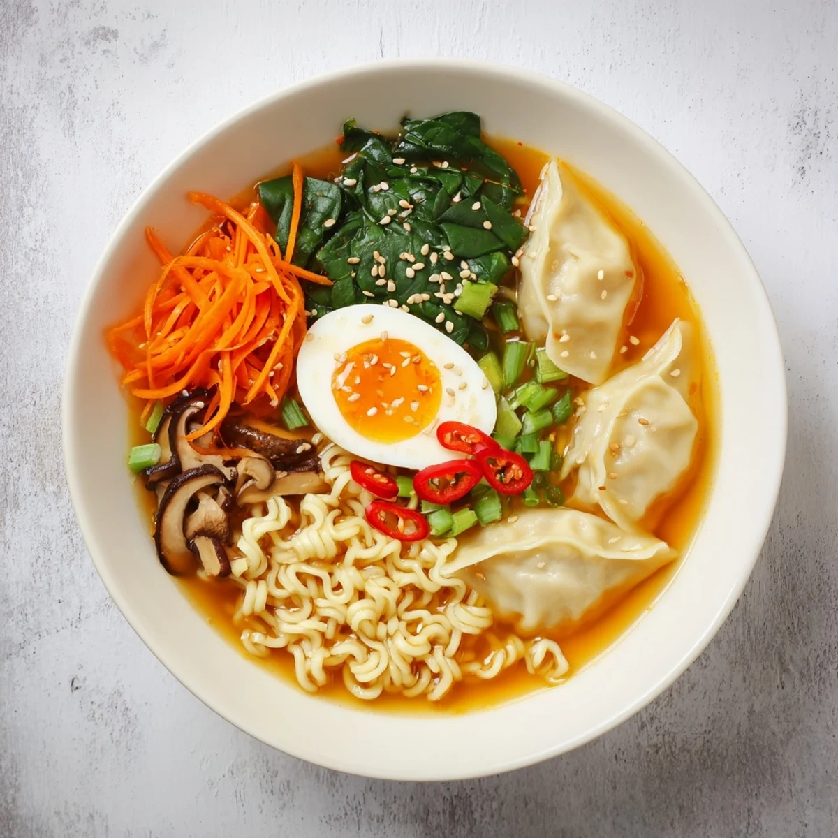 Steaming dumpling ramen bowl features tender dumplings nestled in rich savory broth with fresh vegetables