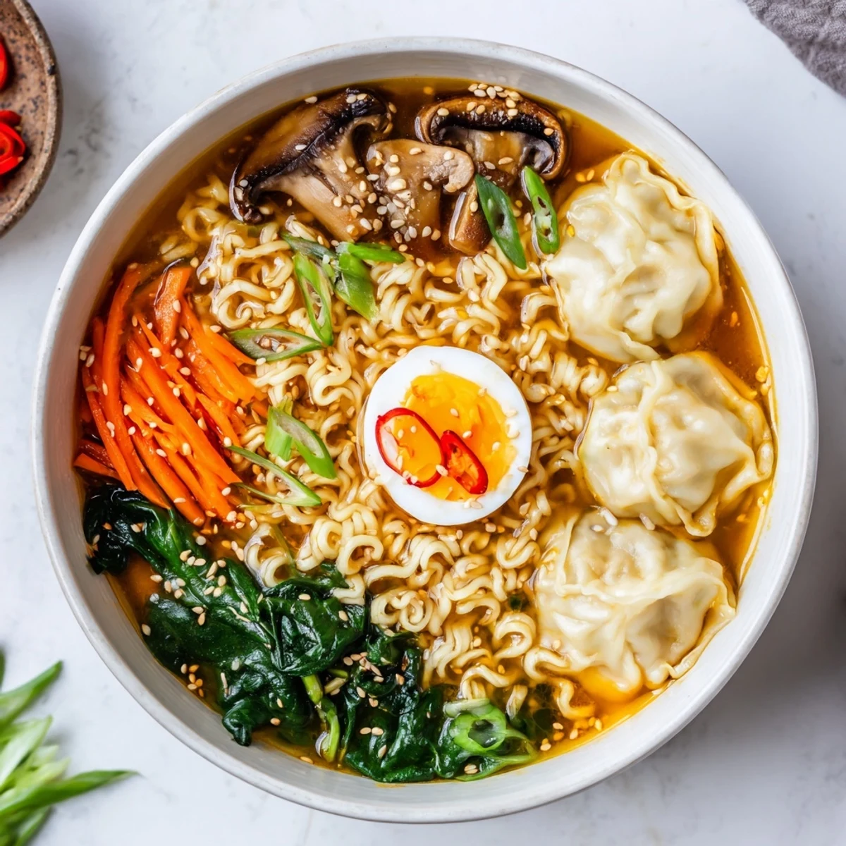 Comforting noodle soup showcasing plump dumplings, spinach, mushrooms, and julienned carrots in aromatic broth