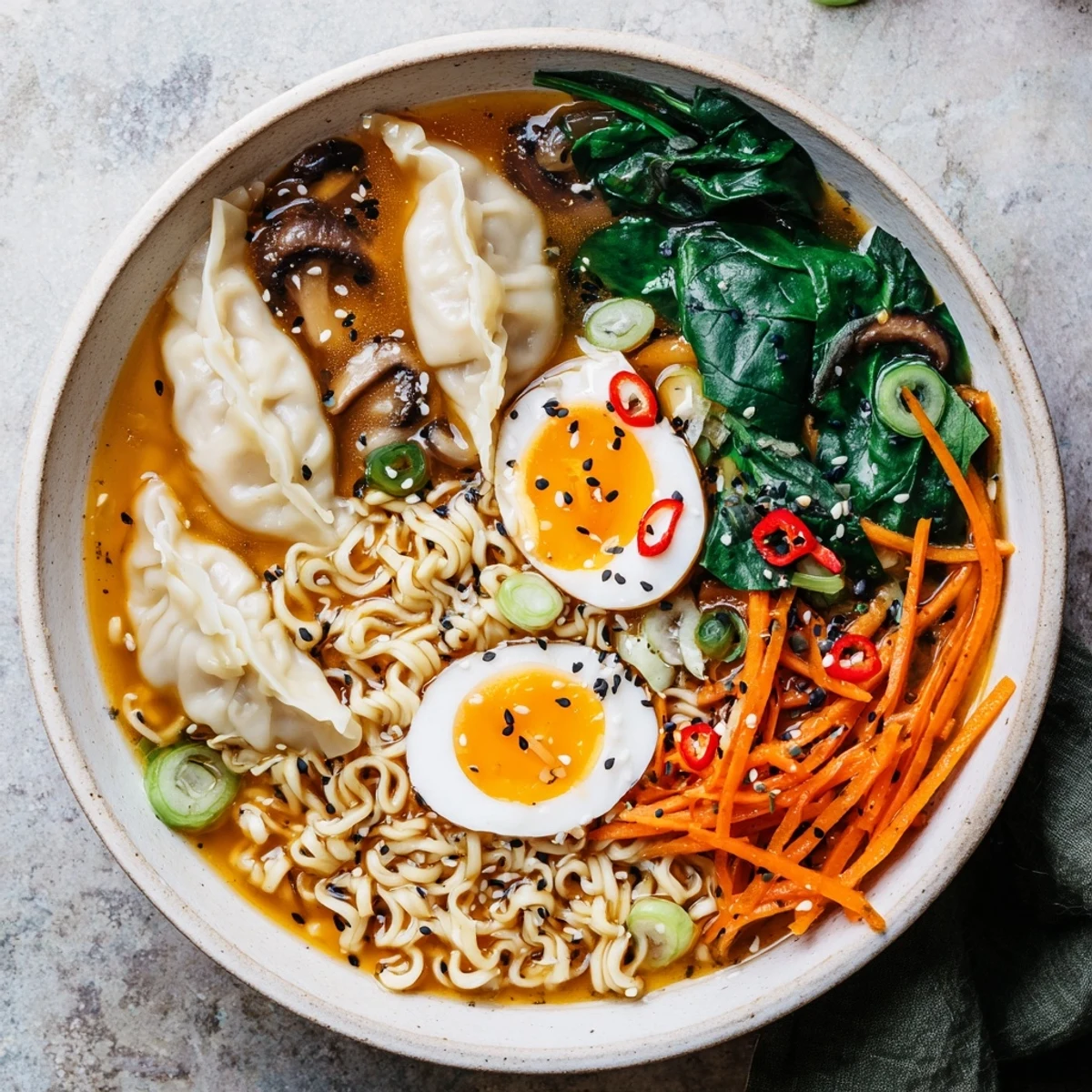 Asian-inspired dumpling ramen bowl garnished with soft-boiled egg, green onions, and toasted sesame seeds