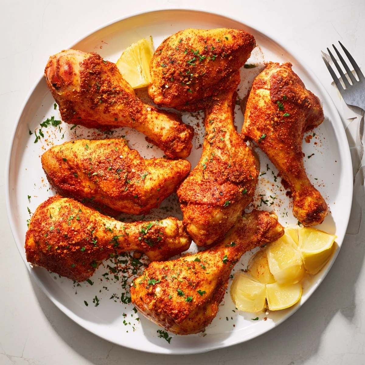 Golden roasted paprika chicken legs with crispy skin served on a white platter