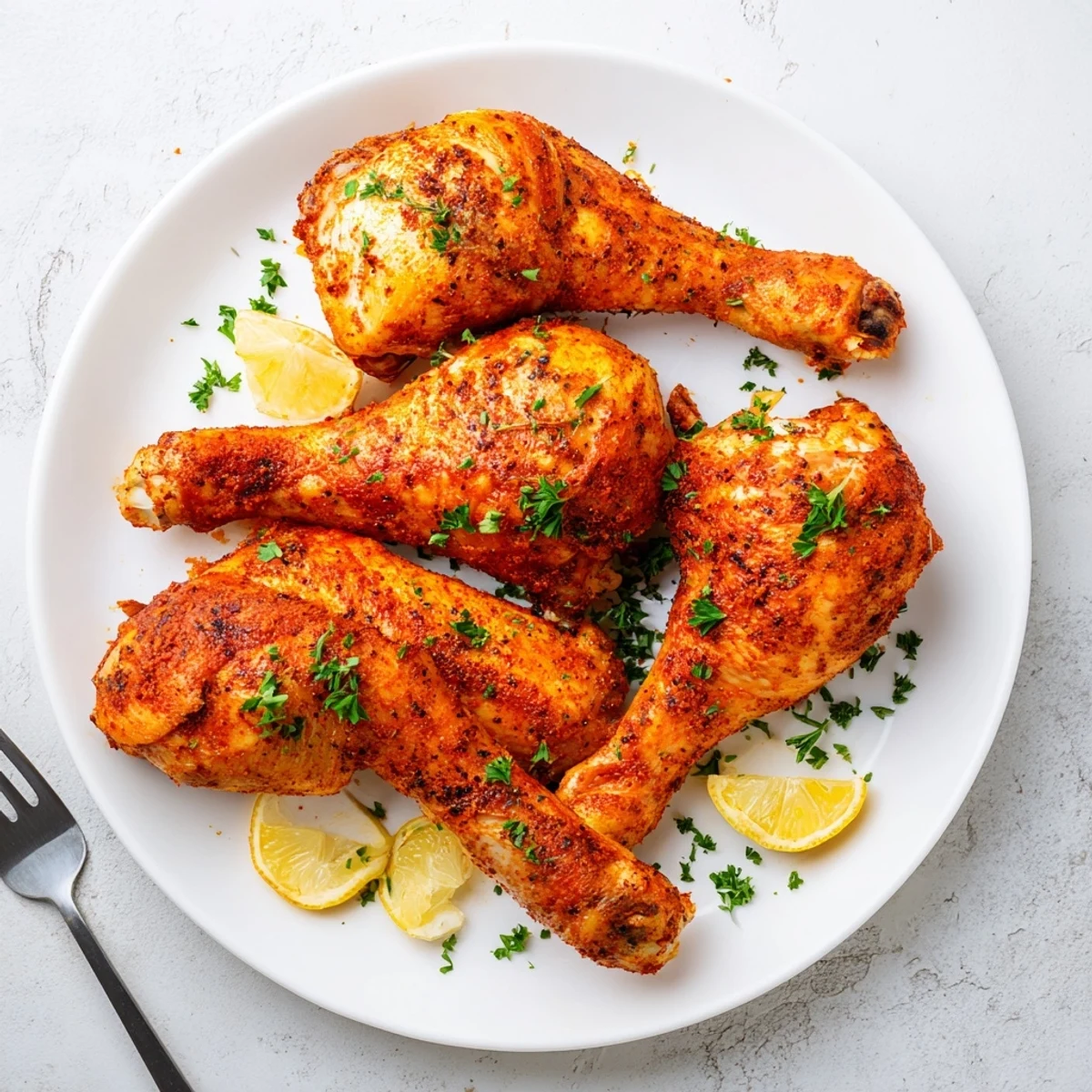 Tender baked paprika chicken legs garnished with fresh parsley and lemon wedges