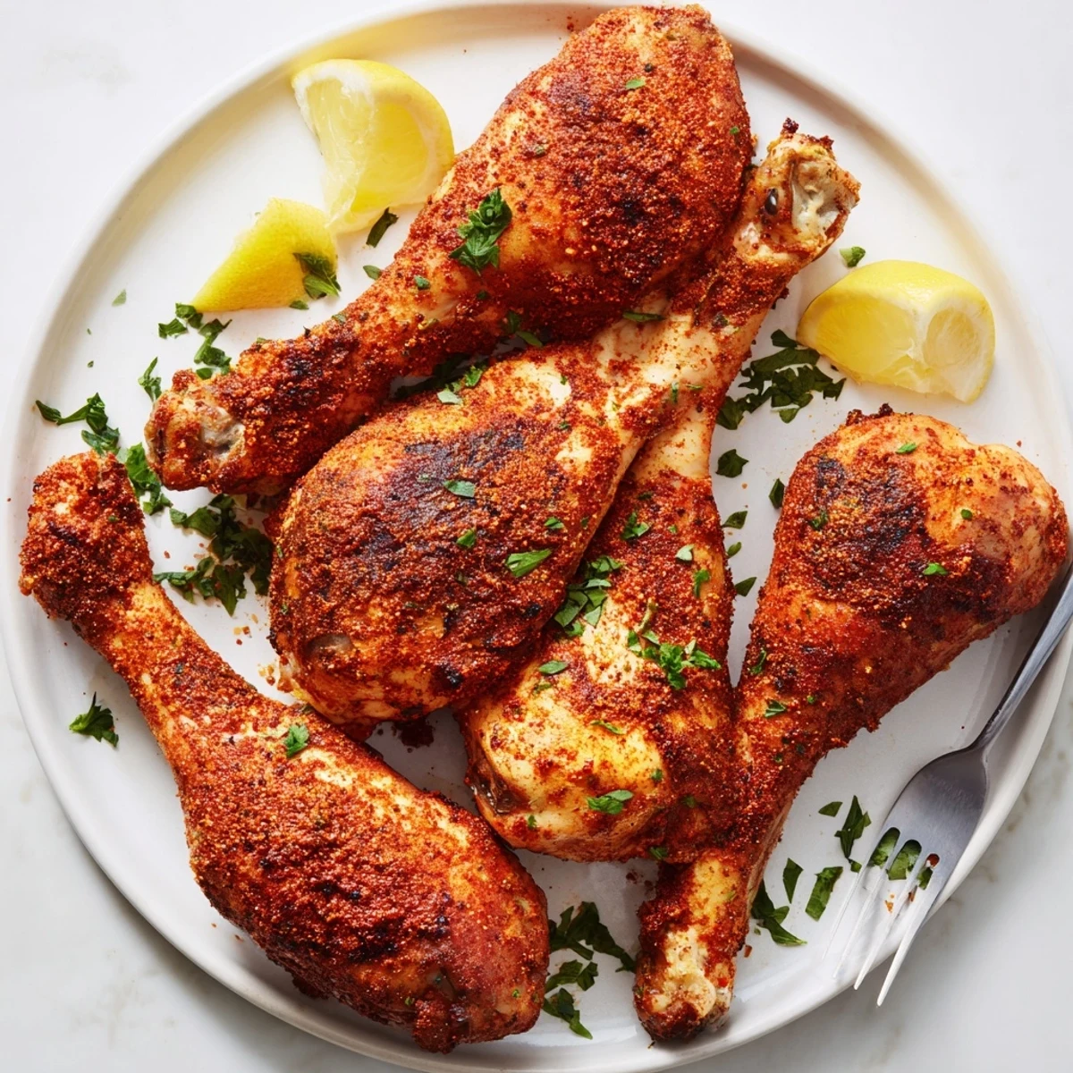Juicy paprika chicken legs arranged on baking sheet with reddish brown spice coating