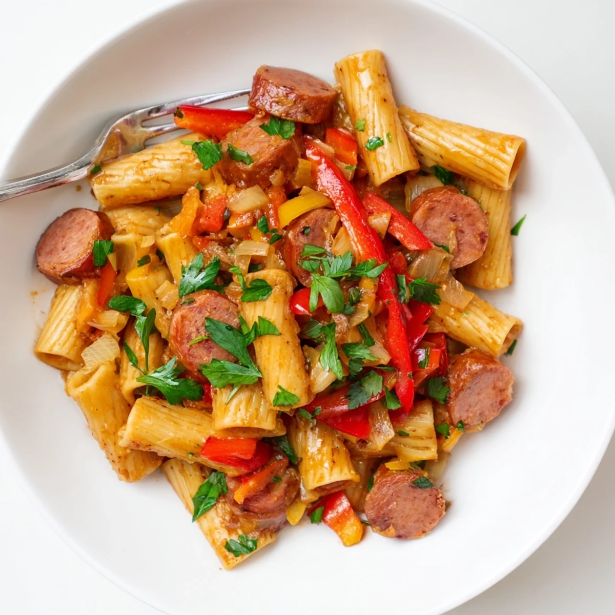 Comforting one-pot honey garlic sausage pasta sprinkled with fresh parsley for a hearty dinner