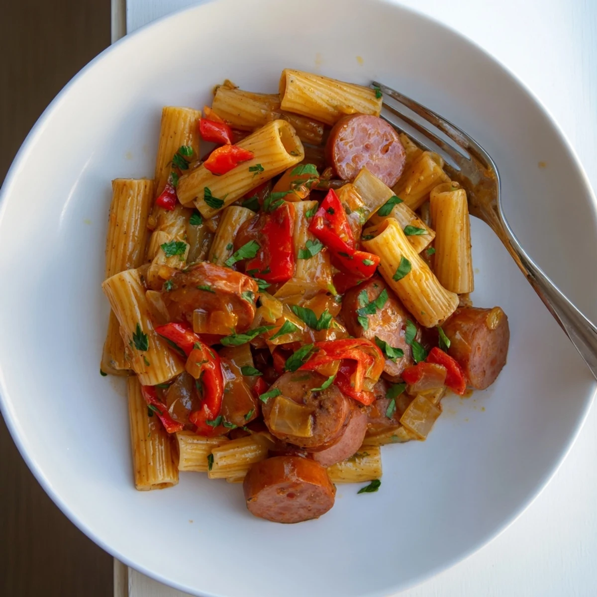 Savory skillet meal with smoked sausage, red bell peppers, and sticky honey garlic sauce