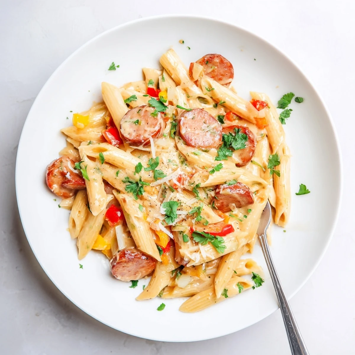 Creamy Cajun sausage pasta with tender penne in a spicy red sauce, garnished with fresh parsley