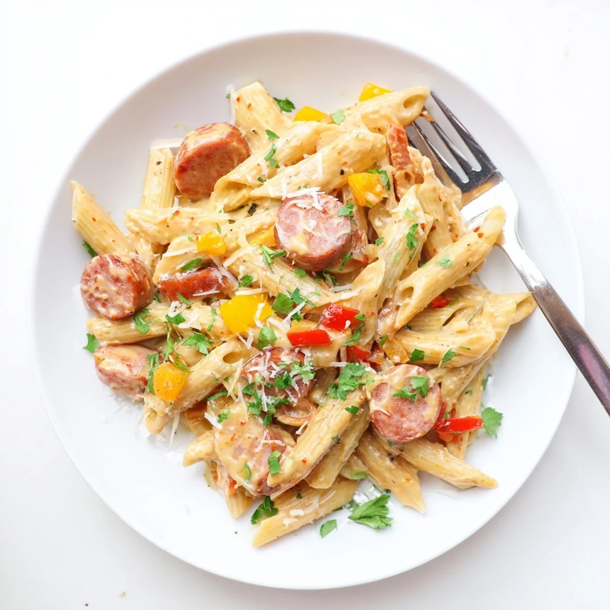 One pot Cajun sausage pasta featuring smoky andouille slices and colorful bell peppers in rich cream sauce