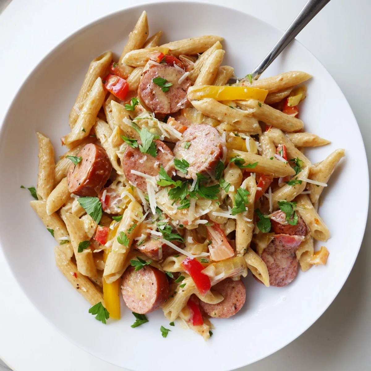 Steaming bowl of Cajun sausage pasta showcasing al dente penne coated in a thick Parmesan cream sauce
