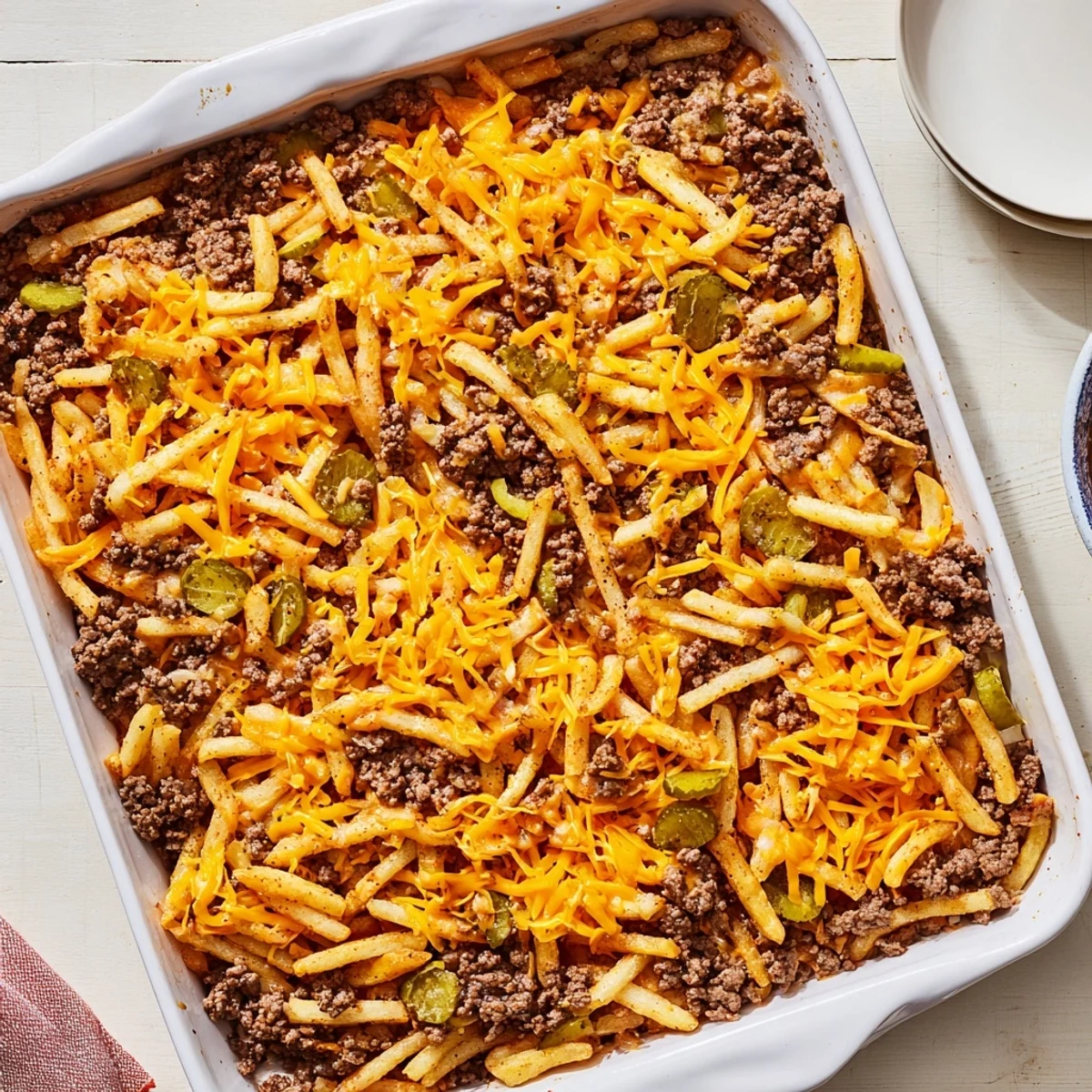 Hearty Cheeseburger French Fry Casserole baking in a dish with golden brown potato topping