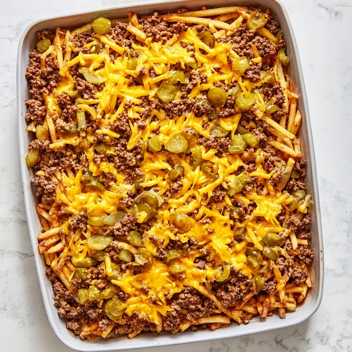 Comfort food perfection: bubbling ground beef mixture under melted cheddar and perfectly crisped fries