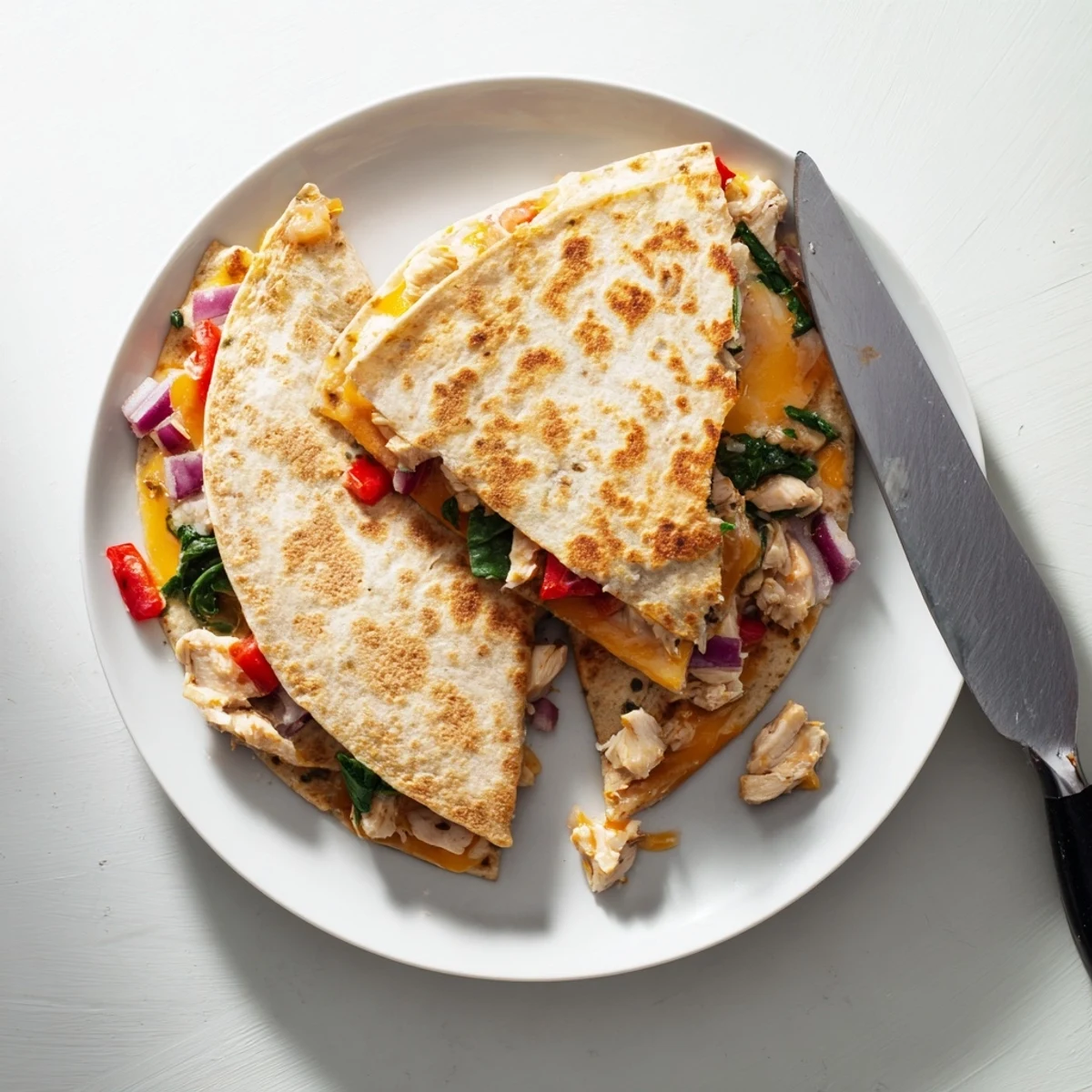 Golden brown high protein chicken ranch quesadilla sliced into wedges on a wooden cutting board