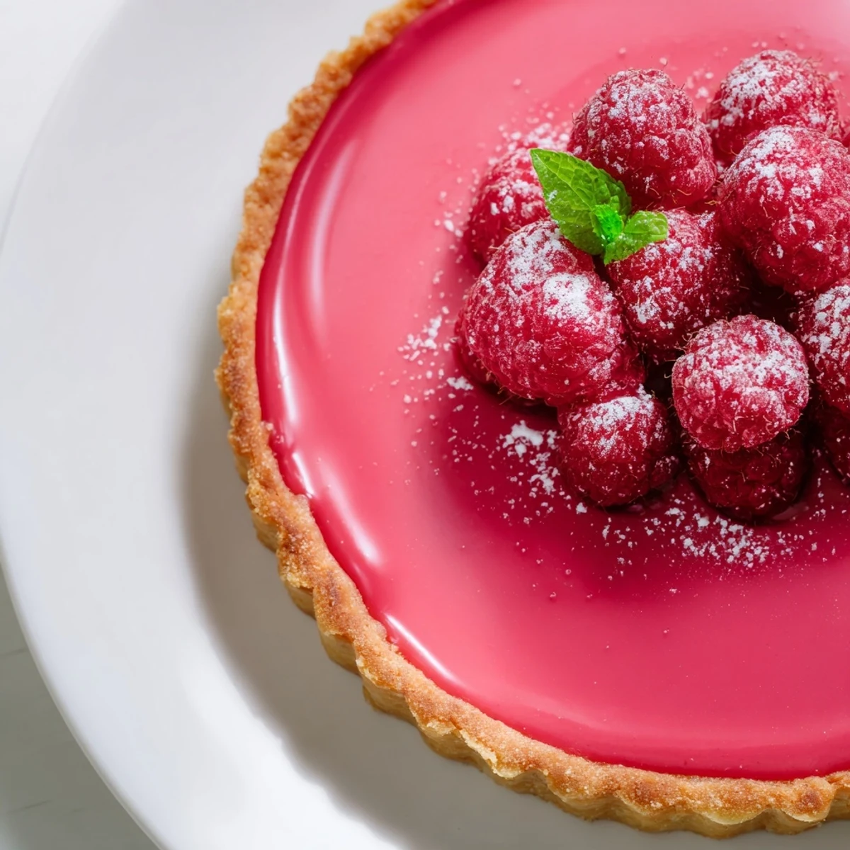 Mini vegan raspberry curd tarts garnished with fresh berries and mint on white plate