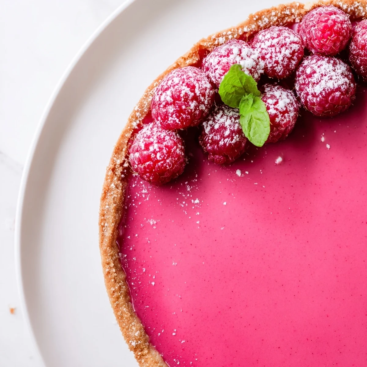 Close-up of vibrant vegan raspberry curd tarts topped with powdered sugar and fresh raspberries