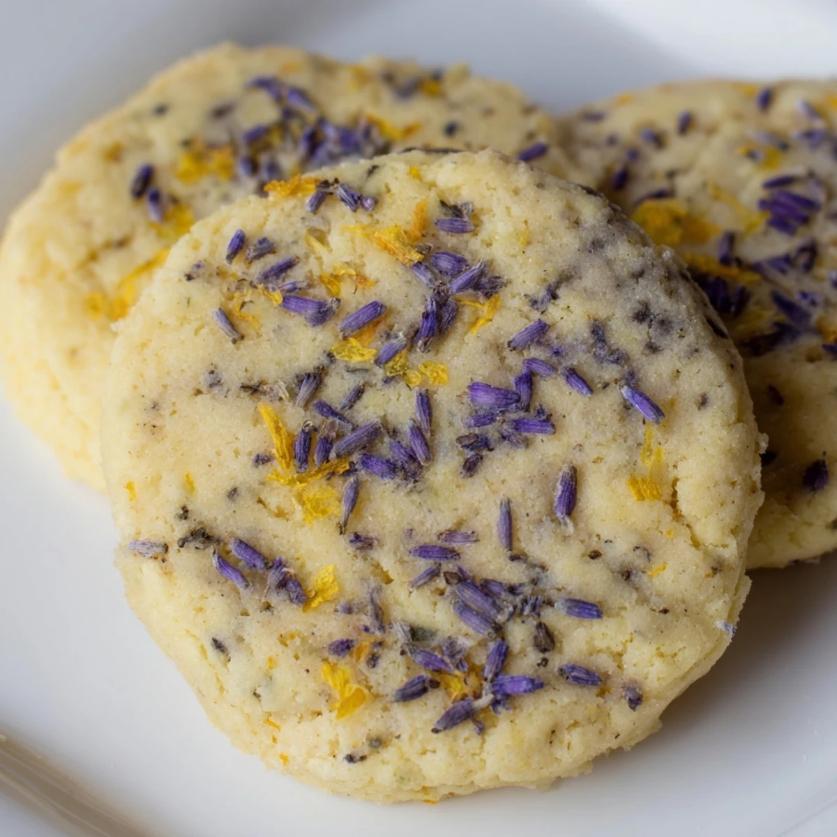 Golden lemon lavender cookies on a wire cooling rack with visible purple lavender buds