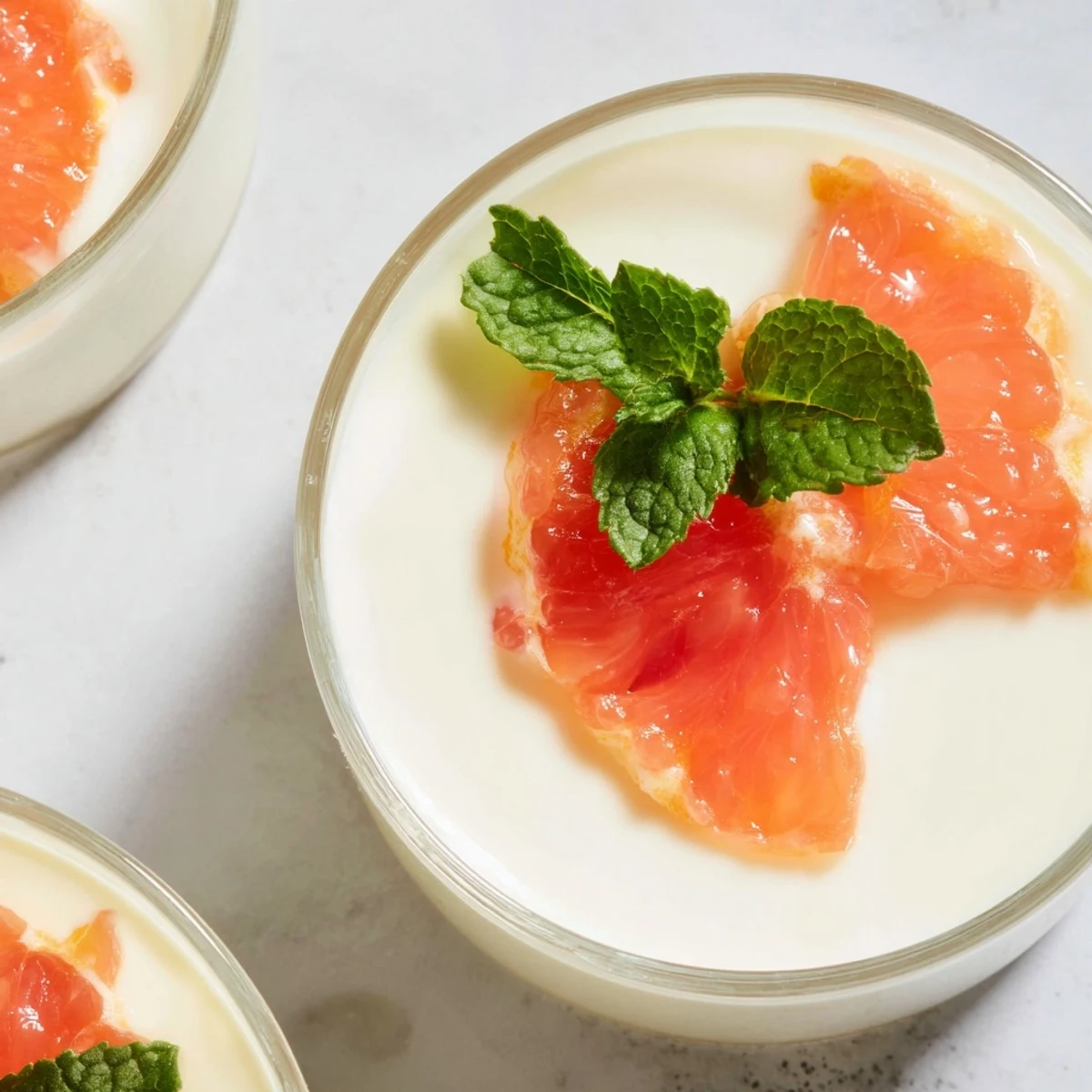 Creamy grapefruit panna cotta topped with fresh citrus segments and mint leaves