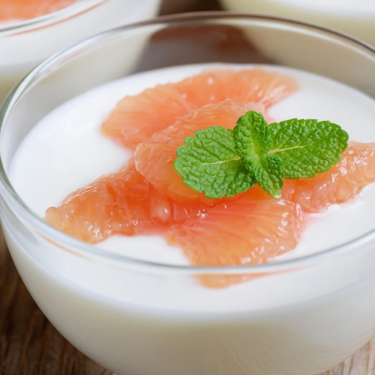 Silky Italian grapefruit panna cotta dessert served in clear glass ramekins