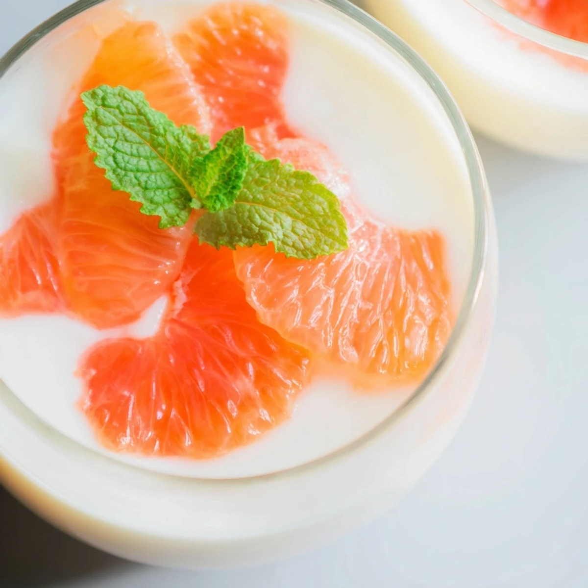 Elegant grapefruit panna cotta garnished with juicy grapefruit segments on white plate