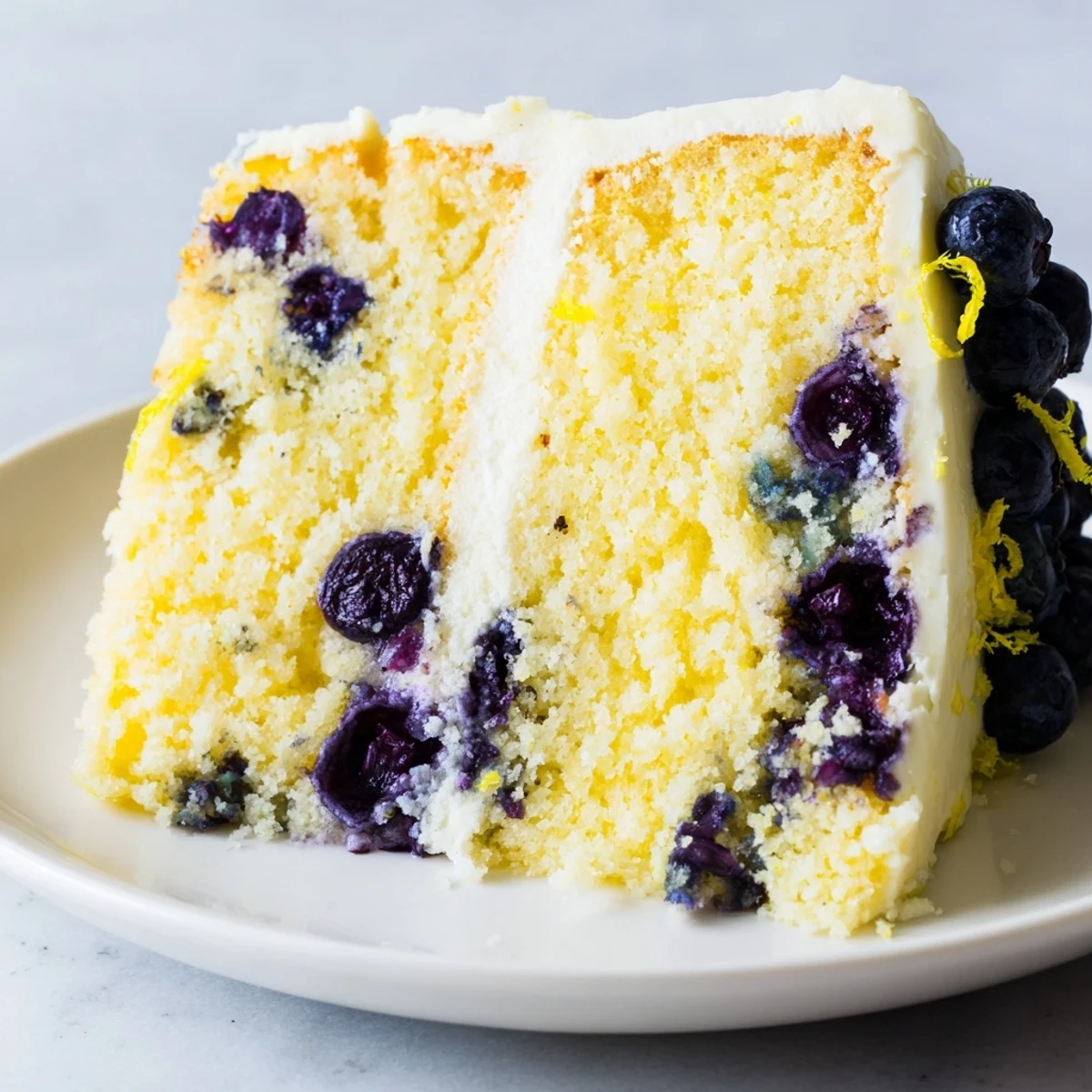 Golden slice of fluffy blueberry chiffon cake with fresh berries and light texture