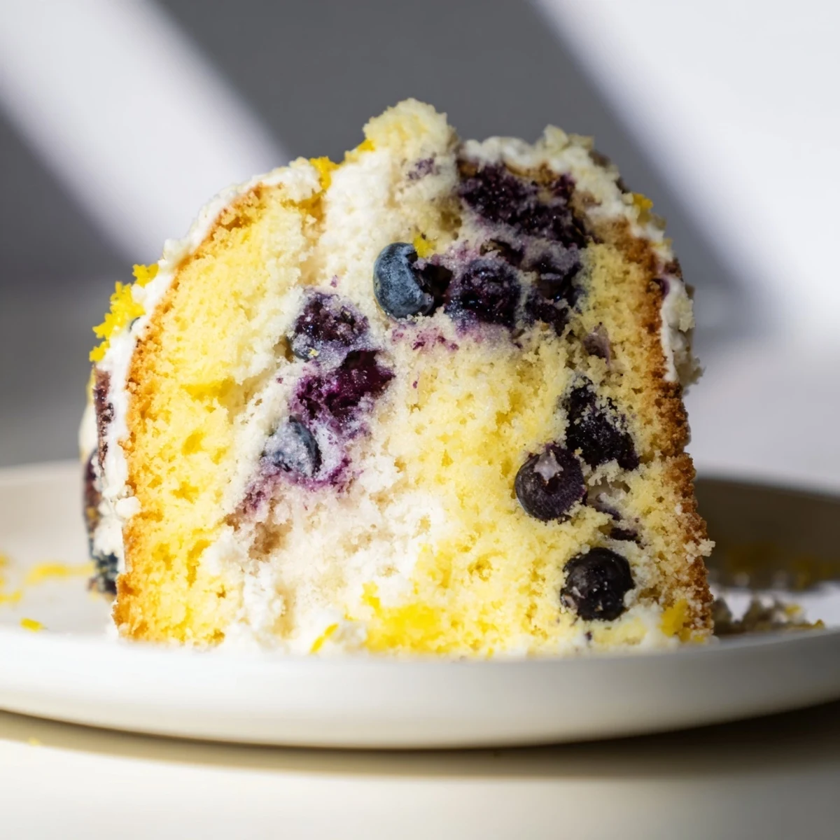 Soft sponge cake revealing vibrant blueberry pockets inside each moist tender slice