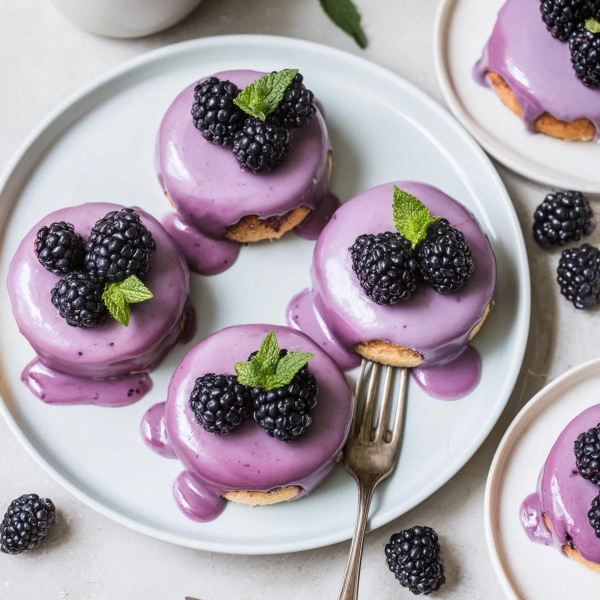 Mini blackberry mousse cakes with glossy purple glaze and fresh berry garnish on white plate