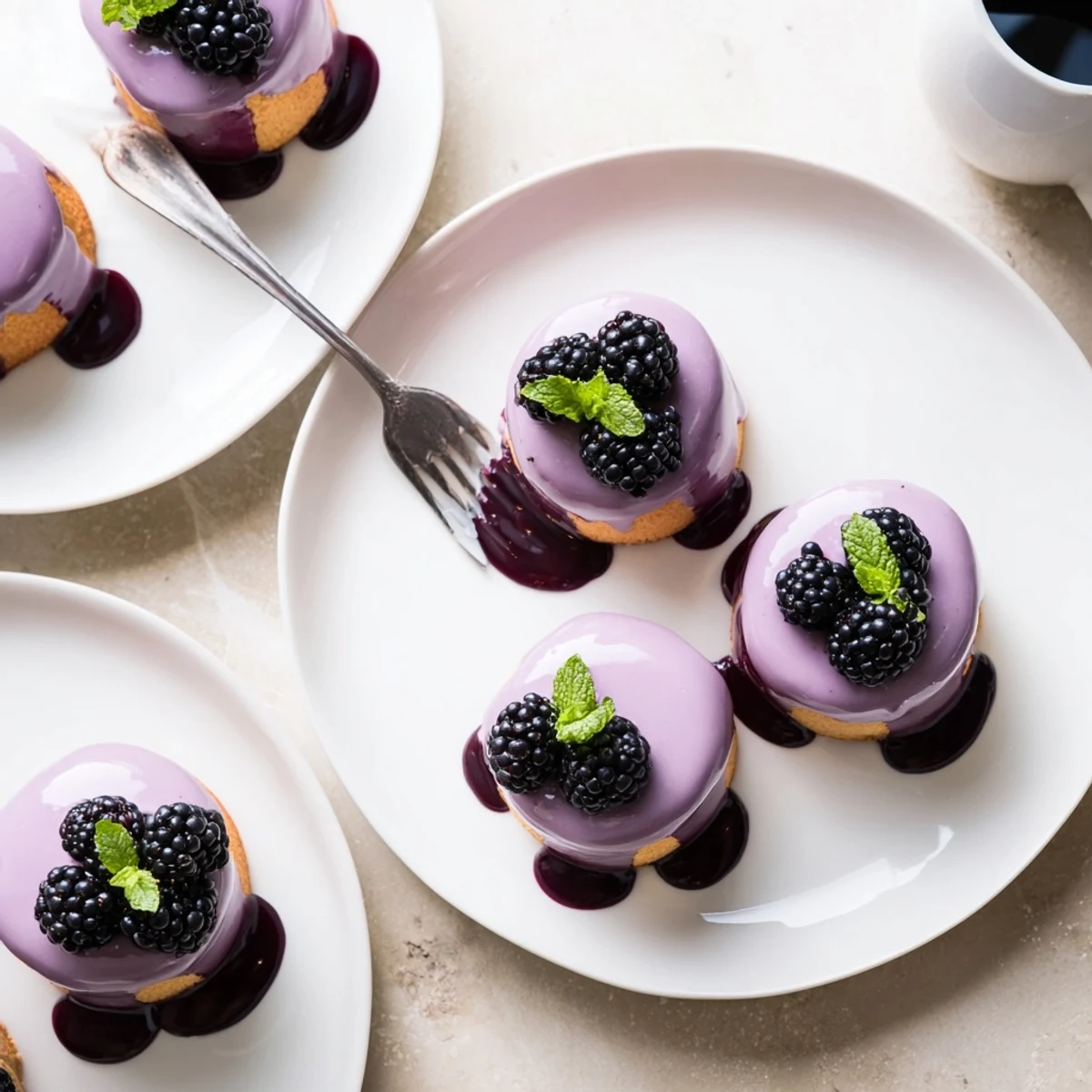 Elegant mini blackberry mousse cakes chilled on serving plate with glossy glaze and mint accents