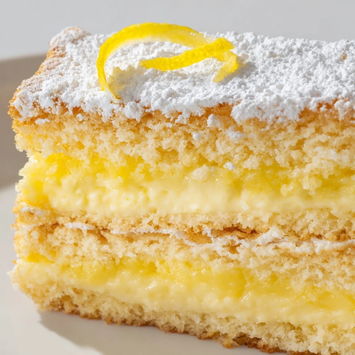 Golden Italian Grandmas Lemon Custard Cake with creamy lemon filling between fluffy cake layers
