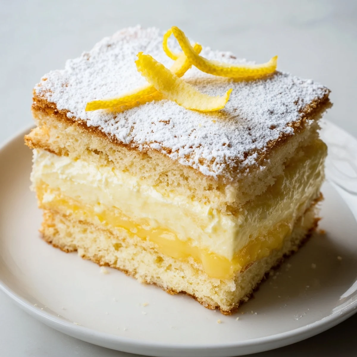Dessert plate showing sliced Italian Grandmas Lemon Custard Cake dusted with powdered sugar