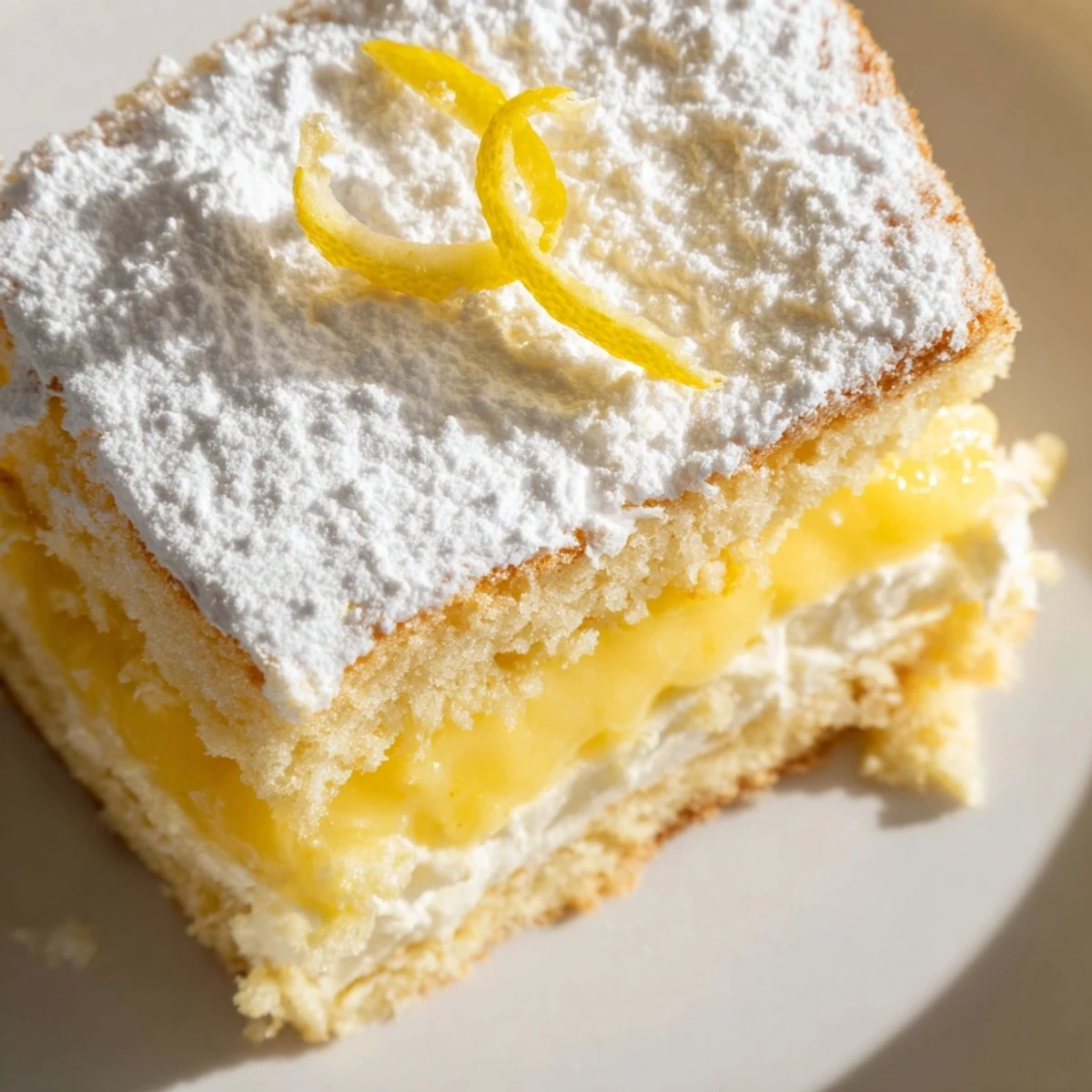 Layered Italian Grandmas Lemon Custard Cake topped with fresh lemon slices on white serving platter