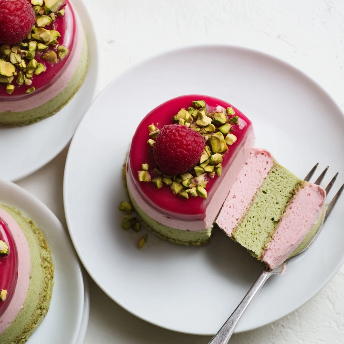 Mini raspberry pistachio mousse cakes with glossy pink glaze and chopped pistachio garnish