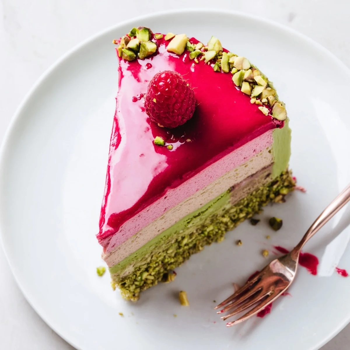 Elegant individual layered desserts featuring creamy pistachio mousse and vibrant raspberry on white plate