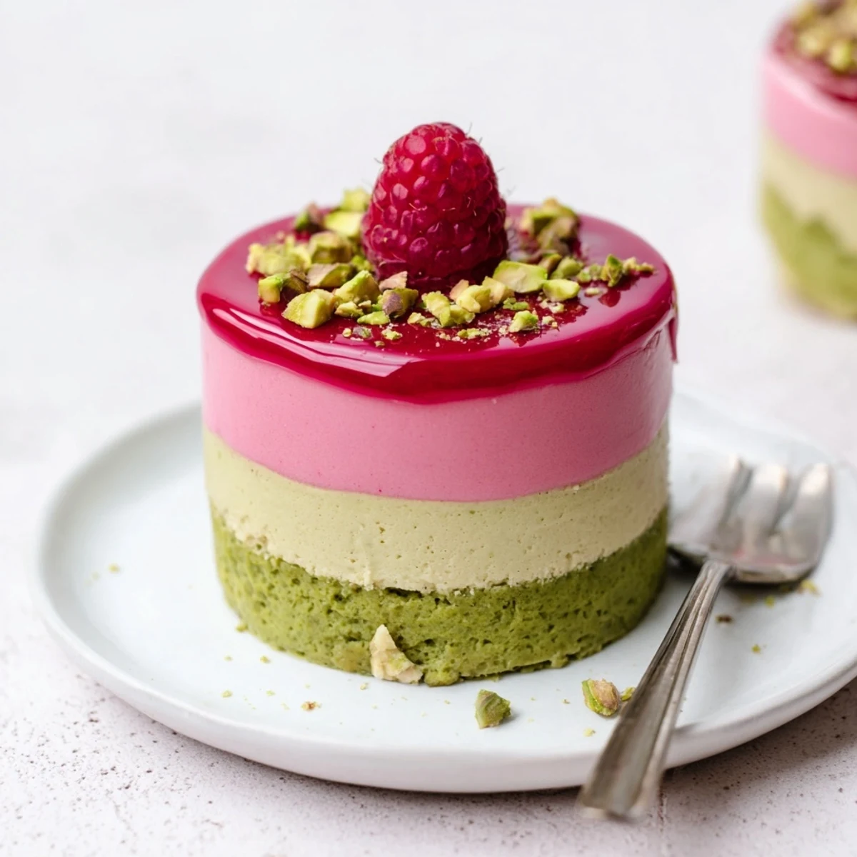 French-inspired mini cakes showcasing smooth pistachio and raspberry mousses topped with fresh berries