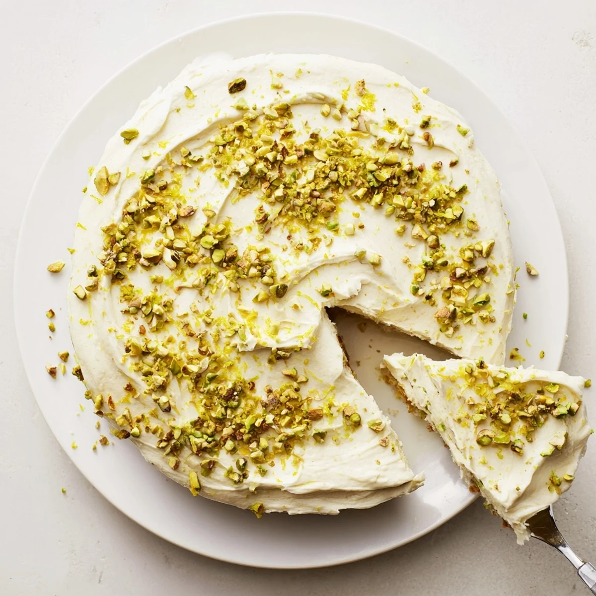 Golden slice of lemon pistachio cake with mascarpone frosting topped with chopped pistachios and fresh lemon zest