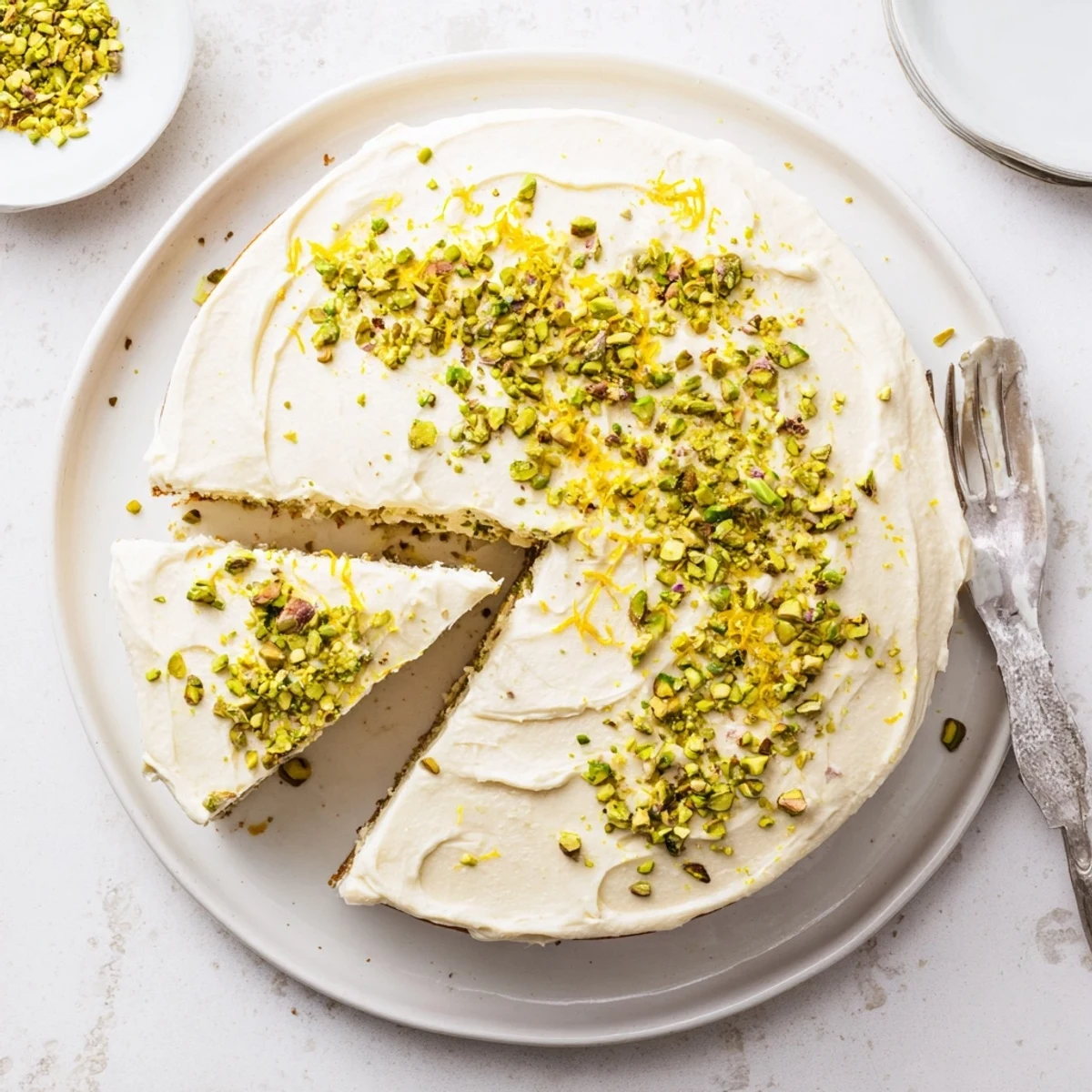 Moist lemon pistachio cake with mascarpone frosting served on a white plate garnished with nuts and citrus