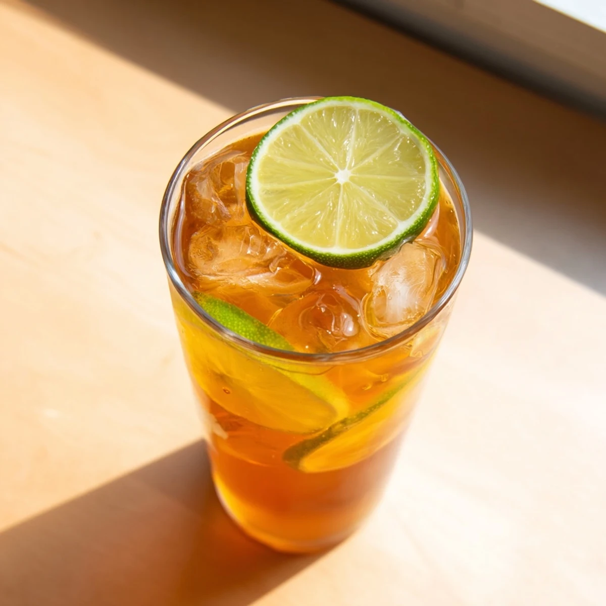 Golden Thai lime iced tea with fresh lime wheel garnish clinking against ice cubes