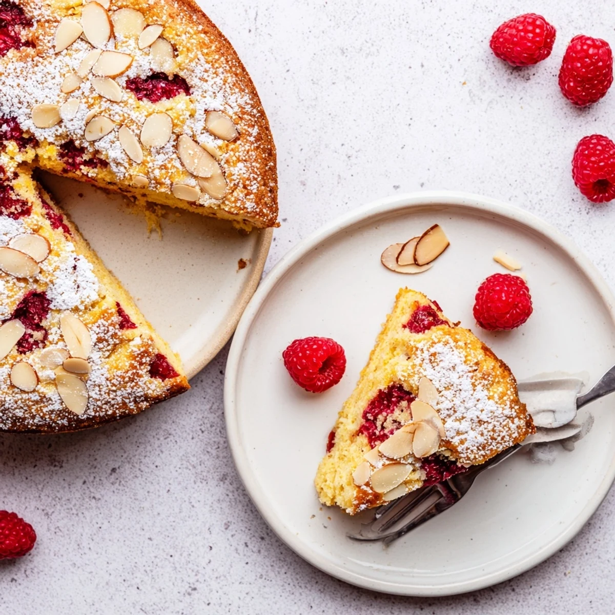 Moist almond raspberry cake topped with powdered sugar and whole fresh raspberries on wooden board