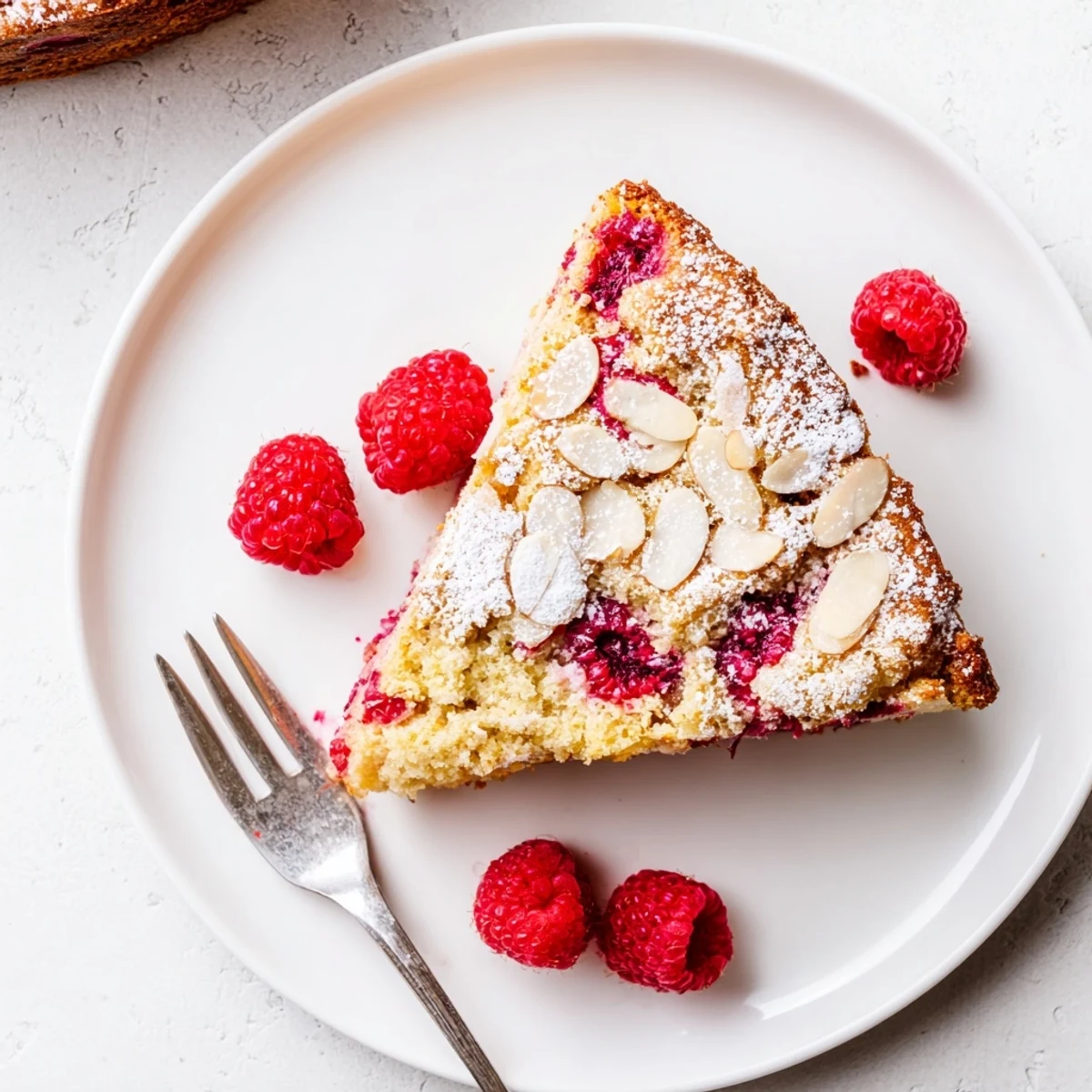 Homemade almond raspberry cake close-up showing juicy baked berries and almond crumble topping