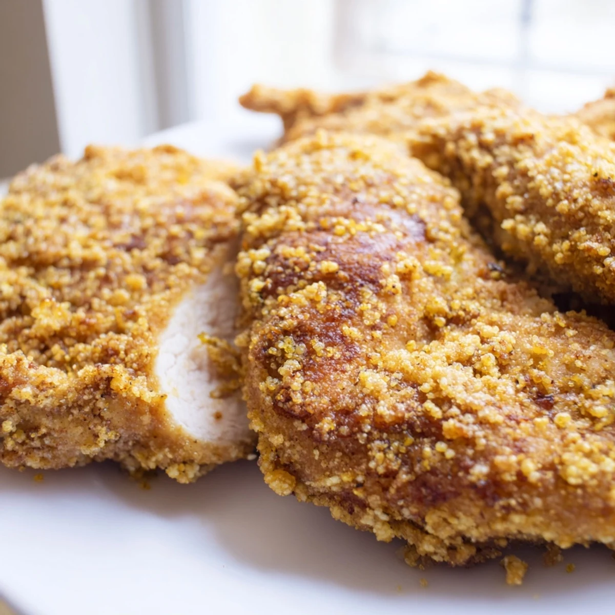 Golden fried crispy spicy jalapeño chicken breasts with a jagged crunchy coating flecked with green pepper bits and dusted with reddish spices
