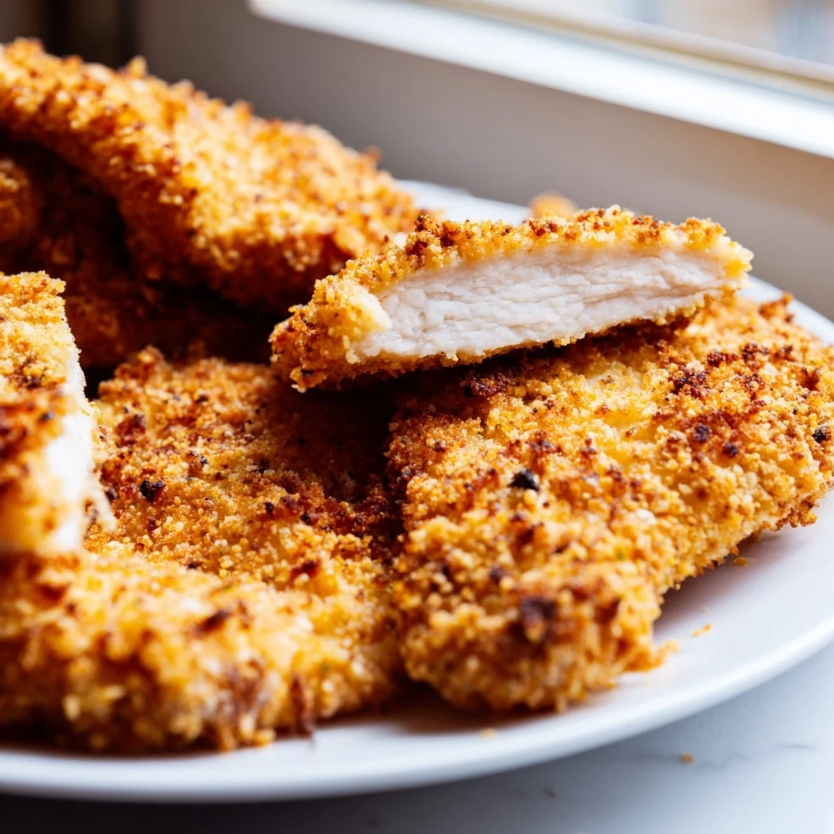 Plate of golden brown crispy spicy jalapeño chicken pieces resting on a wire rack with visible cornmeal texture and caramelized edges