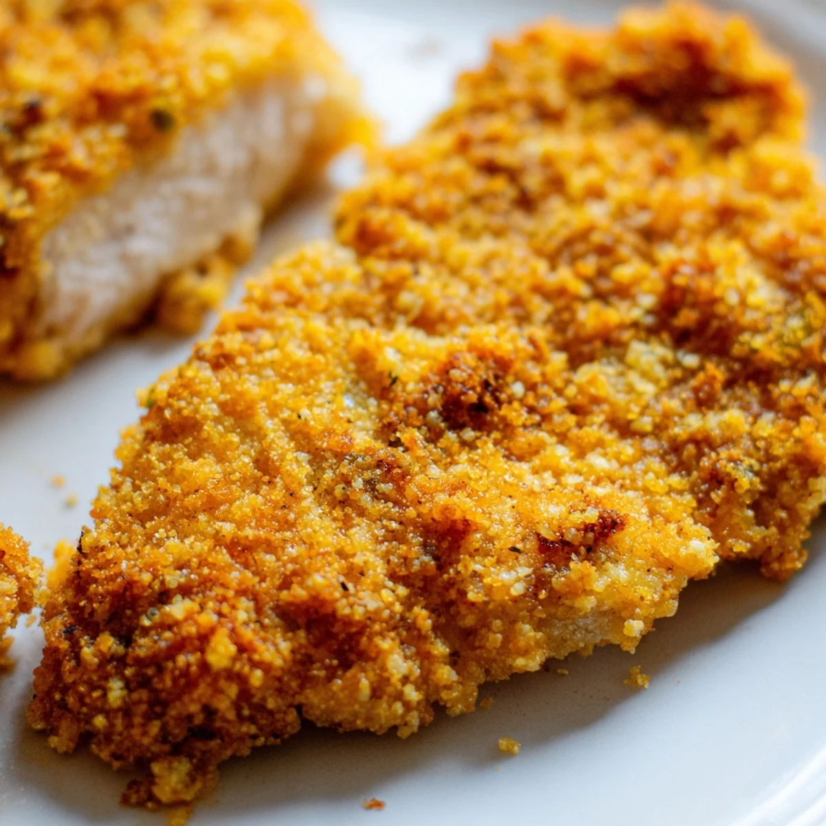 Close up of buttermilk marinated crispy spicy jalapeño chicken showing deep golden crust with specks of chopped jalapeños and paprika