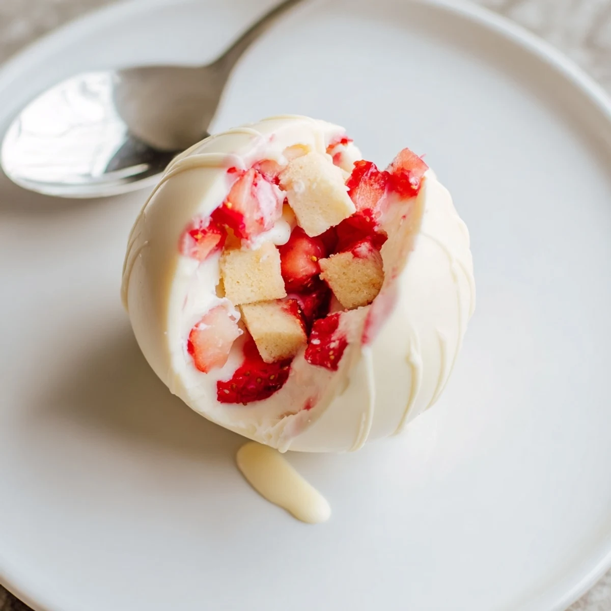 White chocolate Easter egg filled with fluffy strawberry shortcake cream and fresh diced berries