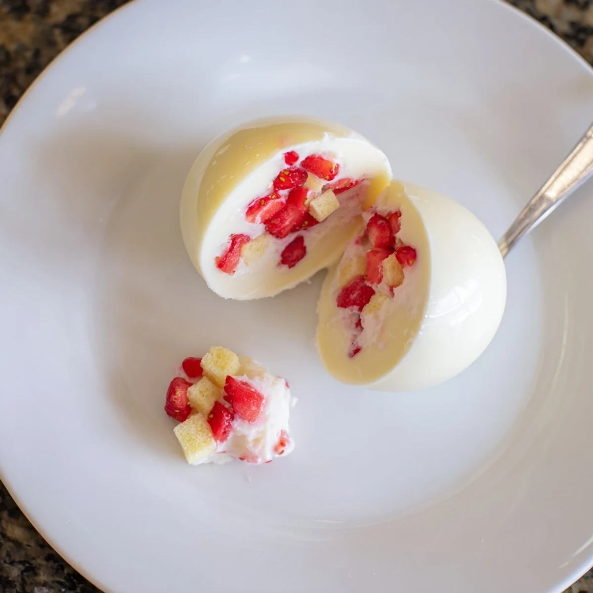 Creamy strawberry shortcake filling in white chocolate egg shells topped with macerated berries