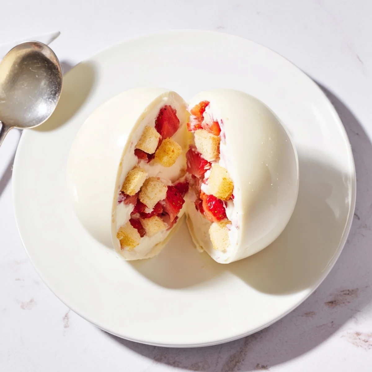Festive strawberry shortcake Easter egg bombs with whipped cream and pound cake inside