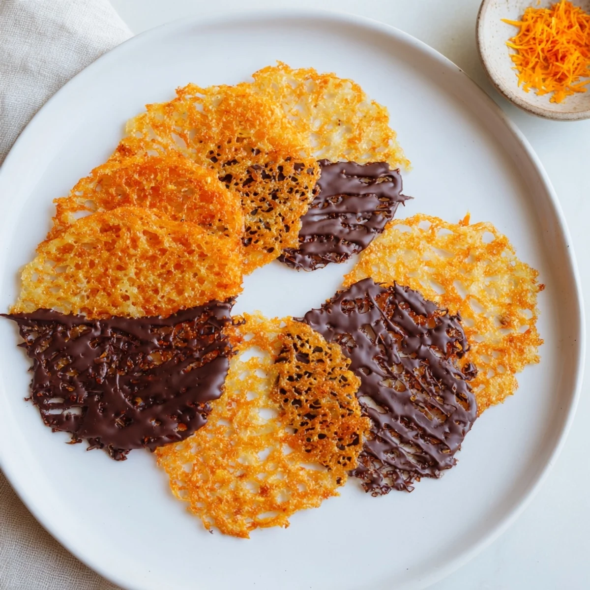 Golden brown crispy orange lace cookies cooling on a wire rack with delicate transparent edges