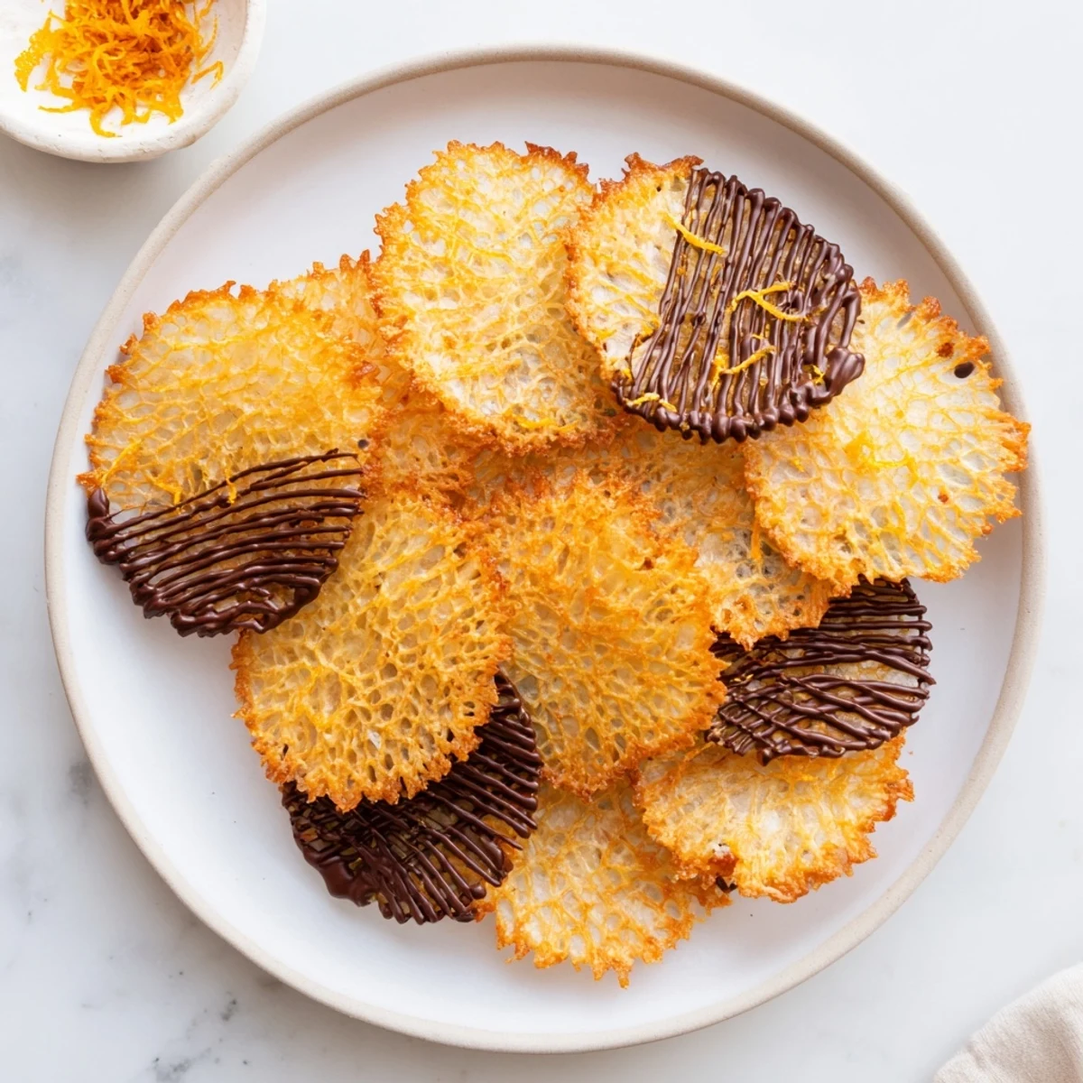 Thin citrus cookies spread into lacy patterns with orange zest speckled throughout the batter
