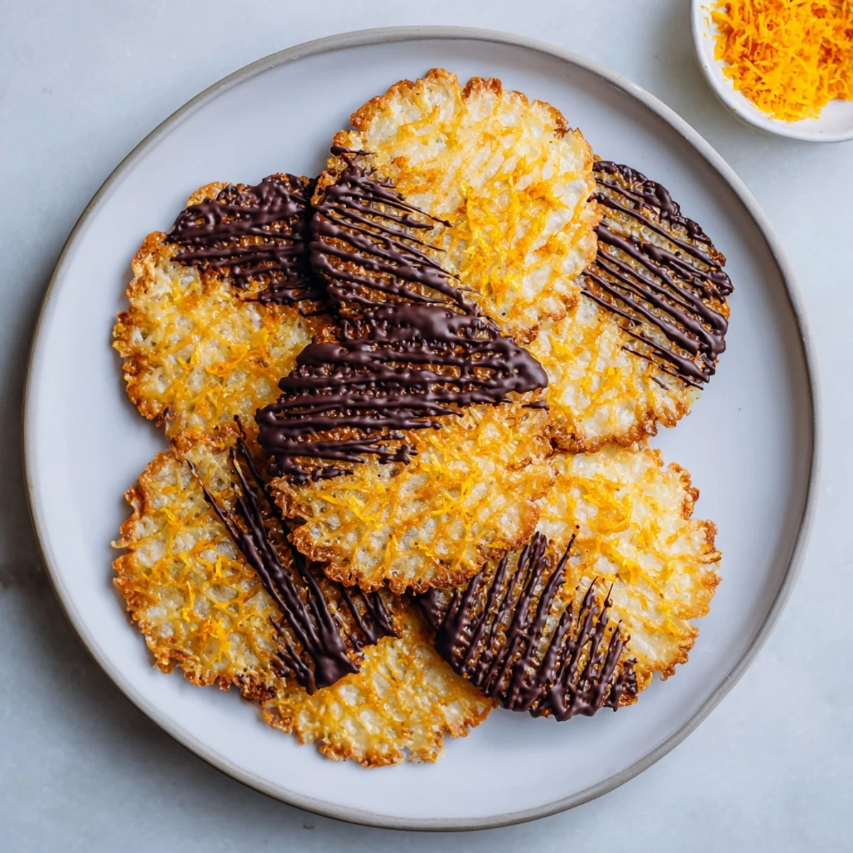Crispy orange lace cookies arranged on a white plate with melted dark chocolate drizzle