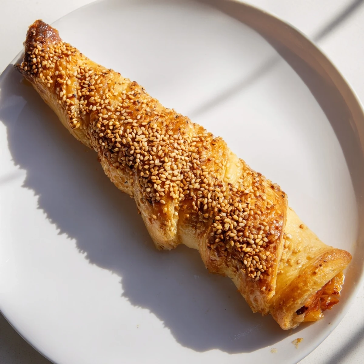 Golden brown Moroccan honey almond cigars arranged on a platter with toasted sesame seed topping