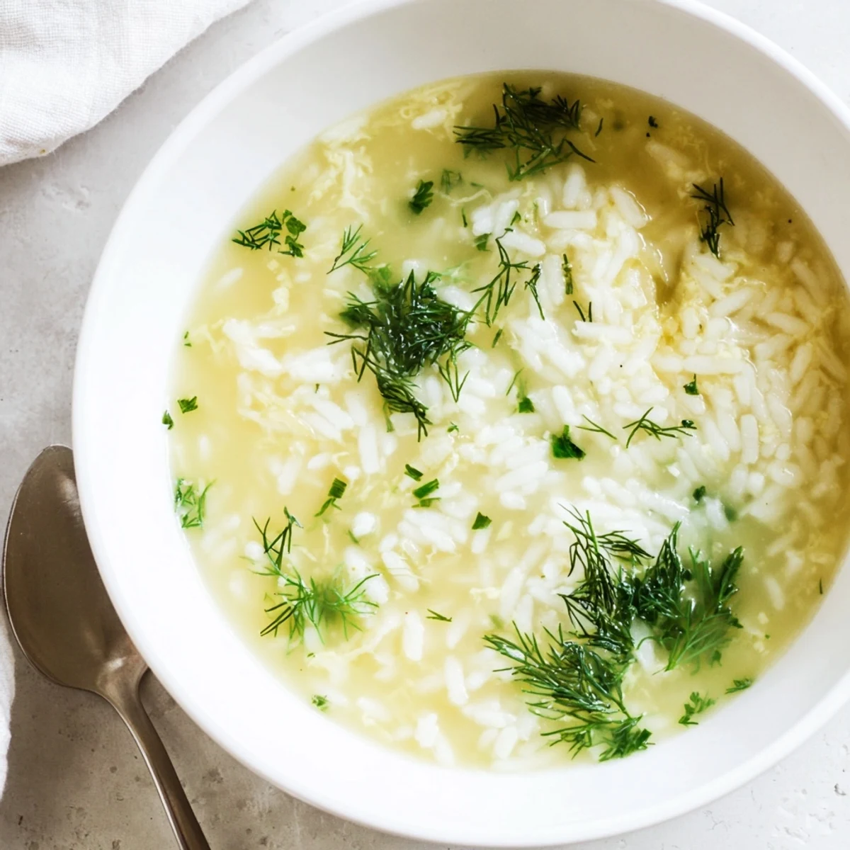 Creamy Greek egg and lemon soup with tender rice floating in golden savory broth